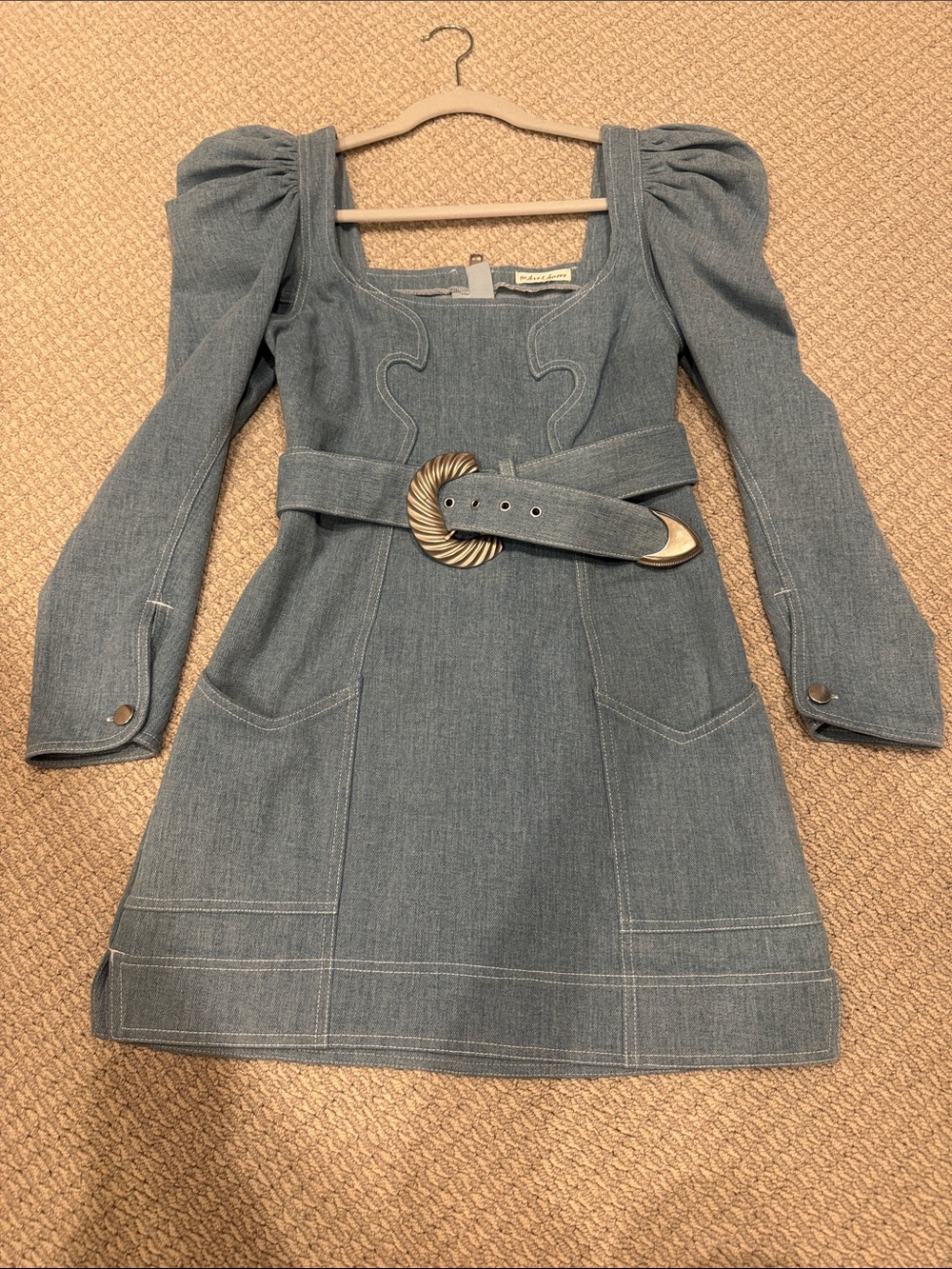 For Love & Lemons Denim Mini Dress with Sculpted Belt - Light Blue
